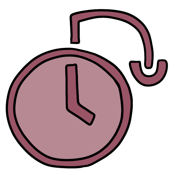 a pink clock face with a line above that goes right then down ending midway and capped off by a u.